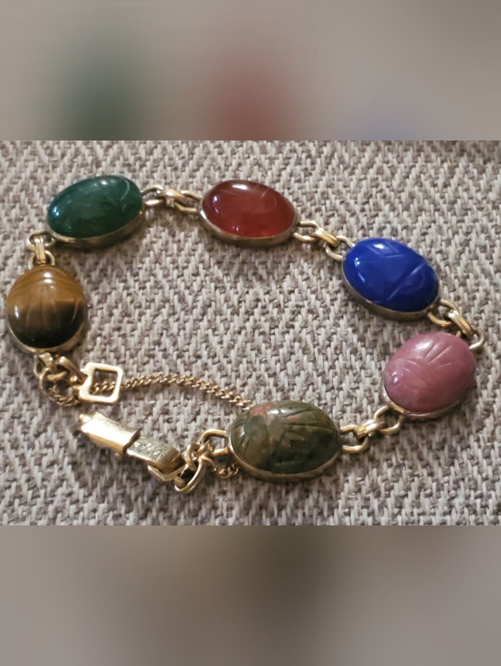 Vintage Scarab Multi-Color Link Bracelet - Gold Tone